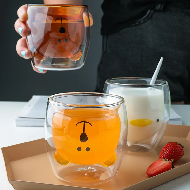

Creative Cartoon Animal Double Heat-resistant Glass Water Cup Milk Breakfast Teacup Cat Claw Juice Mug