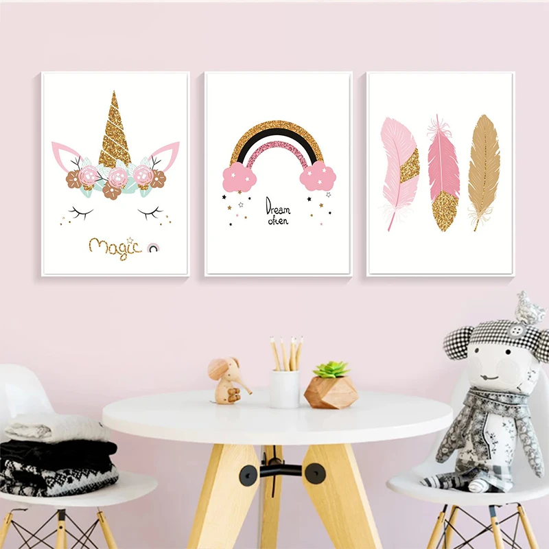 Милые Мультяшные розовые единороги Картина на холсте мечта Радуга Волшебные