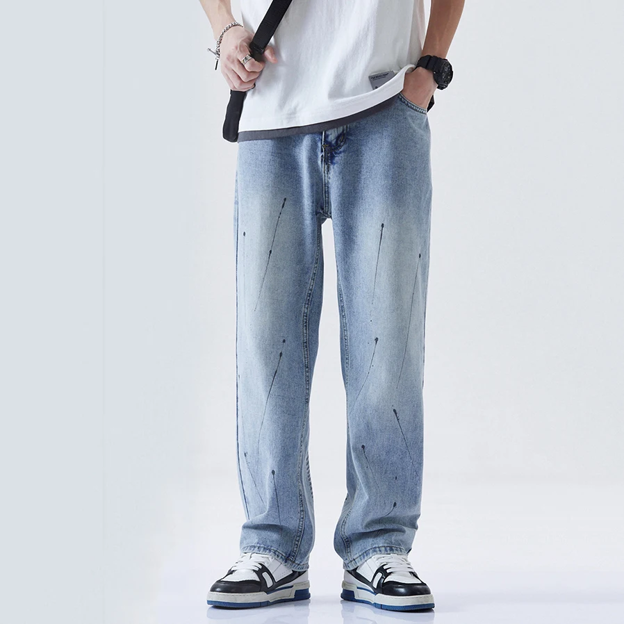 Men's Jeans High Street Fishbone Printed Jeans Men's Korean Version of The Trend of Loose Straight Wide-leg Pants Ins Hot Sale