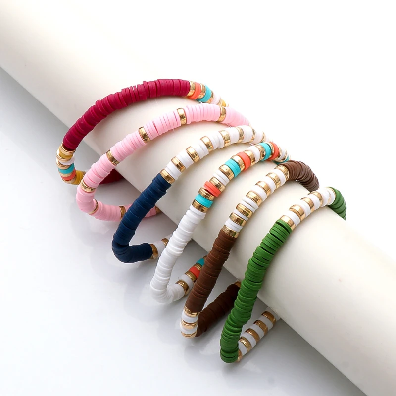 

Multicolor Boho Jewelry Stacking Heishi Bracelets for Women Summer Polymer Clay Beads Bracelet Gold Color Spaced Beads Pulseras