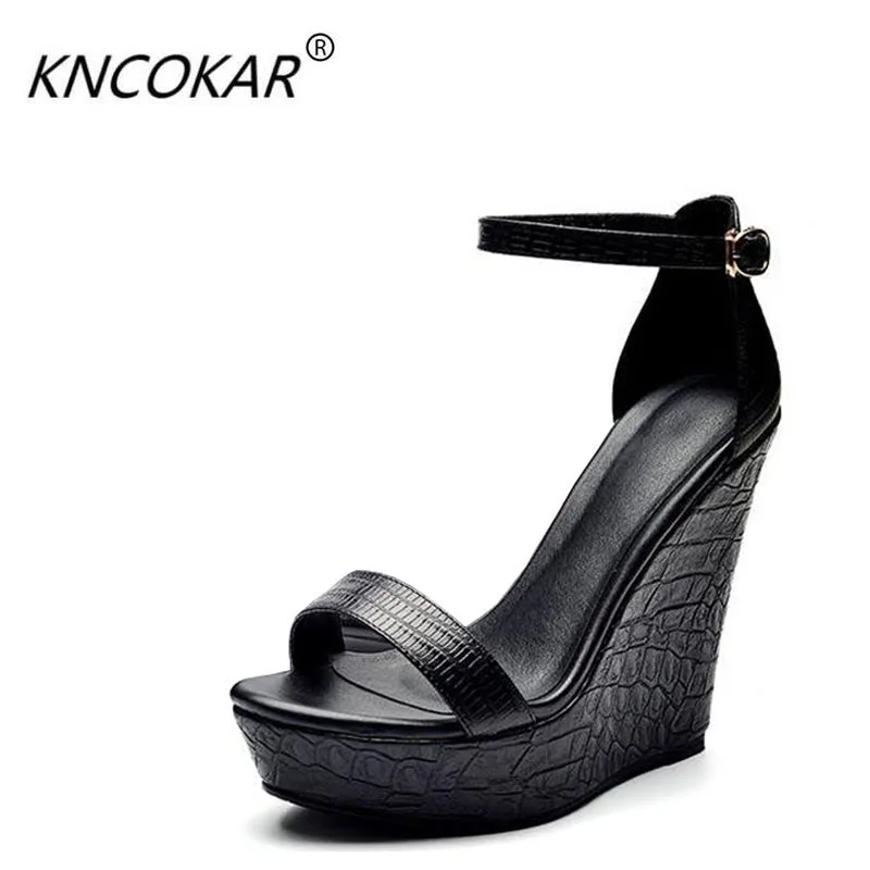 Фото alejka 12CM sandały na koturnie damskie letnie skórzane czarne rzymskie słowo klamra wodoodporne grube dno bardzo wysokie z butami ms peep-toe №1
