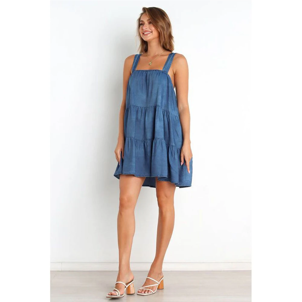 Женское джинсовое платье на бретельках свободное винтажное мини-платье из