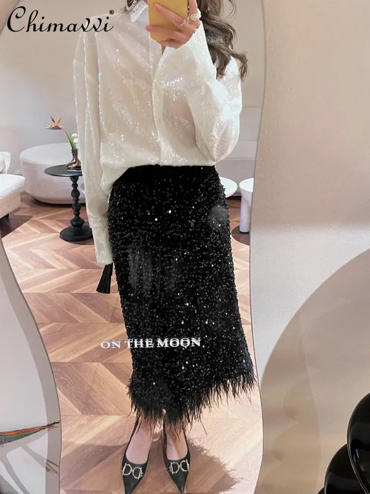 Sequined Feather Skirt 202 Autumn Winter High Waist Straight Skirts Annual Party Heavy Slimming Shiny Women's Black Skirt