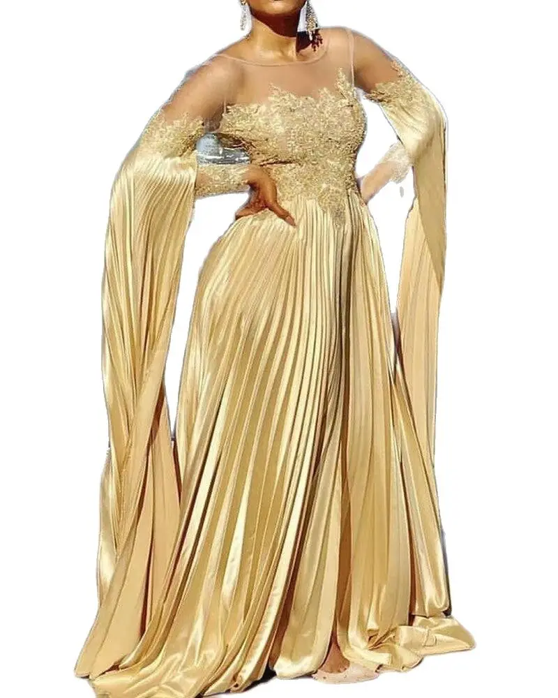 PLEINDI Luxury Evening Dresses O-Neck A-LINE Long Sleeves Floor-Length Chiffon 2022 New of Ruched Exquisite Prom Women Dress