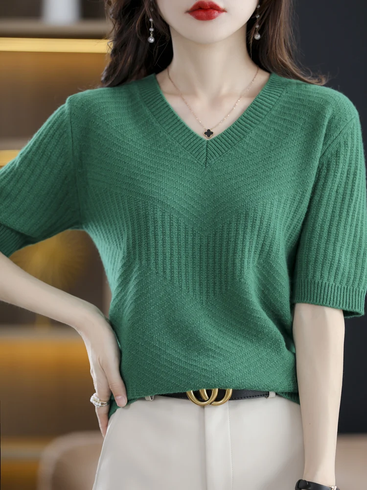 100% merino wool short-sleeved women's V-neck pullover vest spring and summer casual knitted loose T-shirt fashion base tops