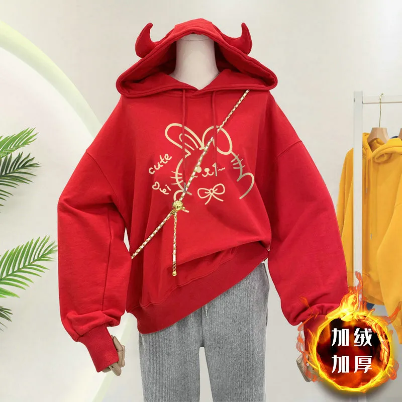 

L-3XL Plus Size Red Hoodies Womens New Year Street Sweatshirt Letter Printed Casual Velvet Lined Warm Baggy Oversized Pullovers