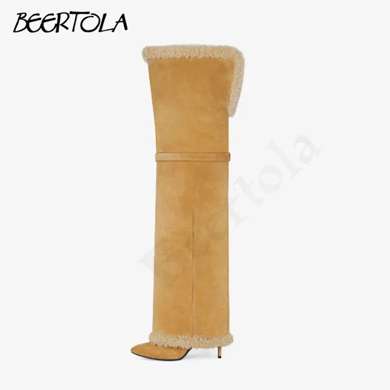 Замшевые зимние брючные сапоги с острым носком и металлическим замком Юбка плюс