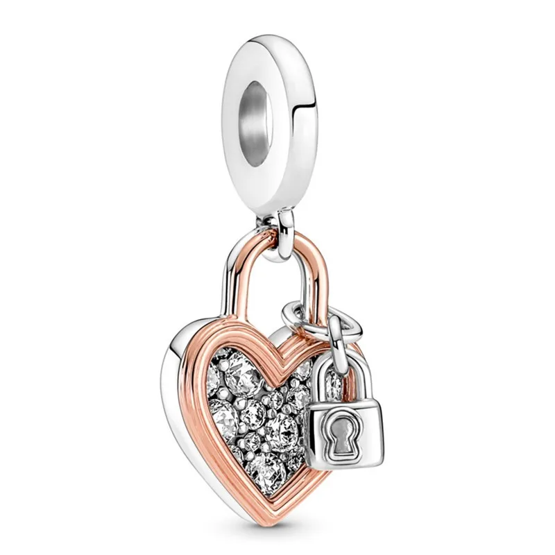 

Original Moments Heart Padlock Double Dangle Beads Charm Fit Pandora Women 925 Sterling Silver Bracelet Bangle Diy Jewelry