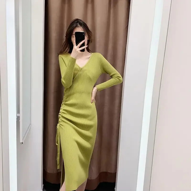 Осенне-зимнее Облегающее вязаное платье свитер с Боковым Разрезом и высокой