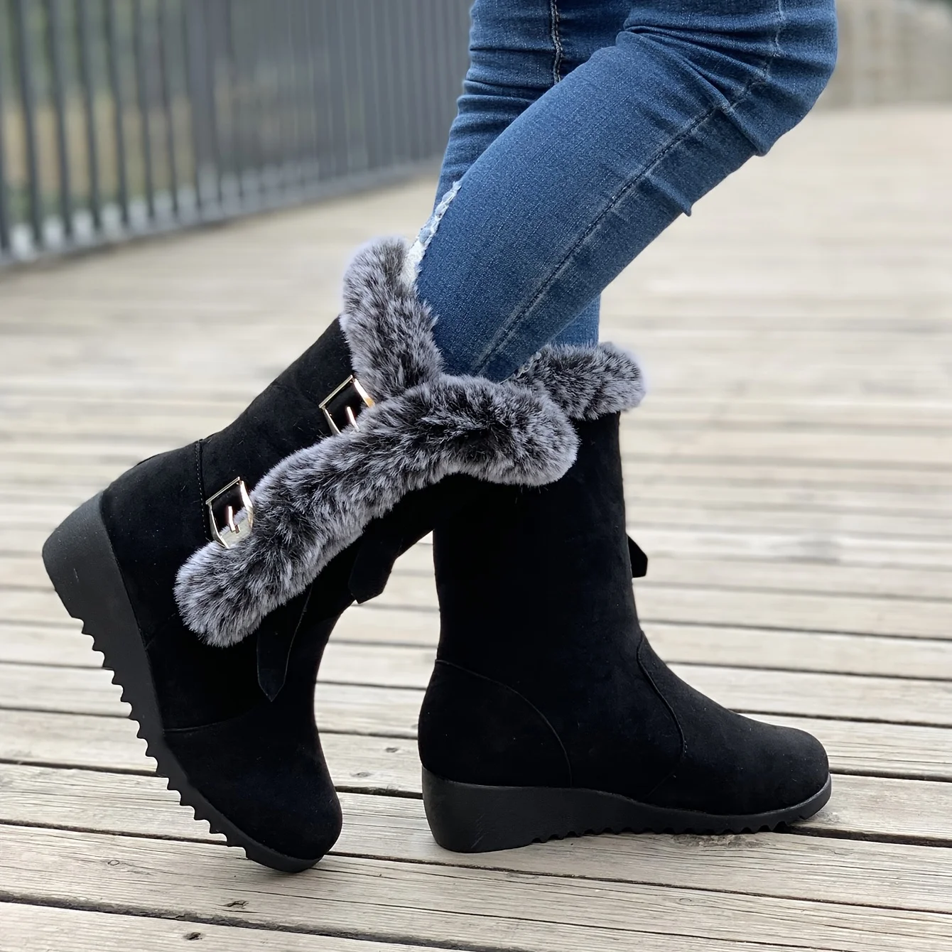 

Women's Wedge Mid-calf Snow Boots, Casual Metal Buckle Fleece Liner Booties, Women's Shoes