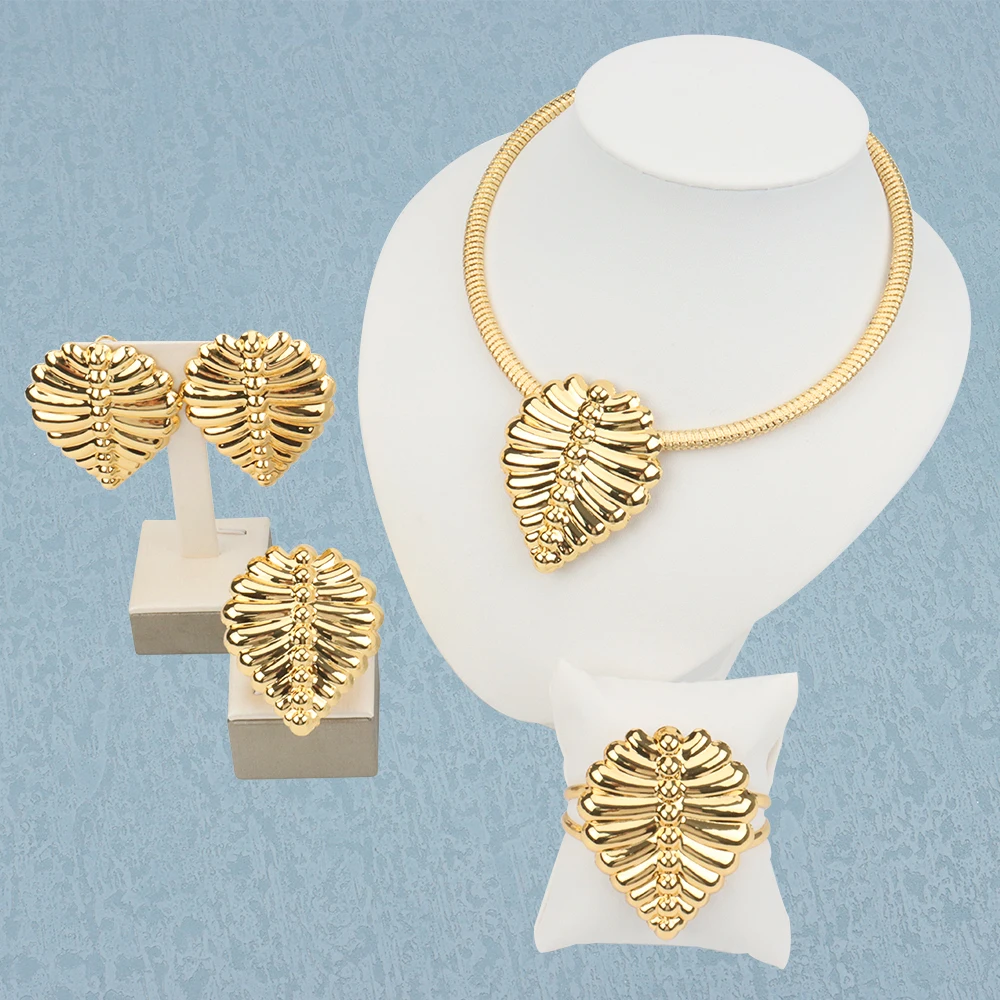 

Dubai Jewelry Sets Shiny Gold Color leaf shape For Women Nigeria Bridal Necklace Ring Bracelet Earrings Set Party Wedding Gift