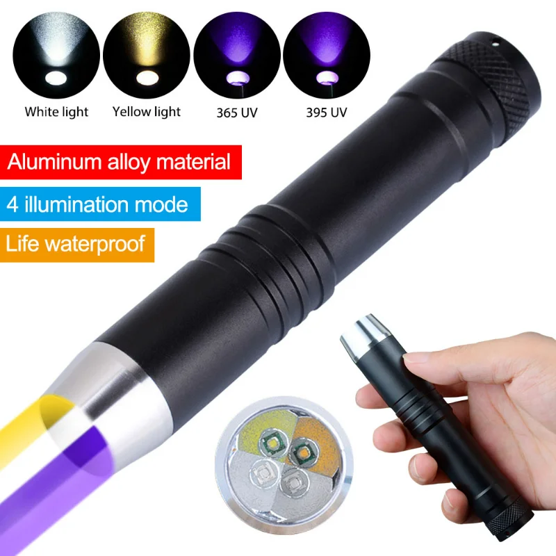 

Yellow 365nm 395nm Rechargable Ultraviolet Torch Lights+18650+charger 4 Light Source Gemstone Identification UV Flashlight White