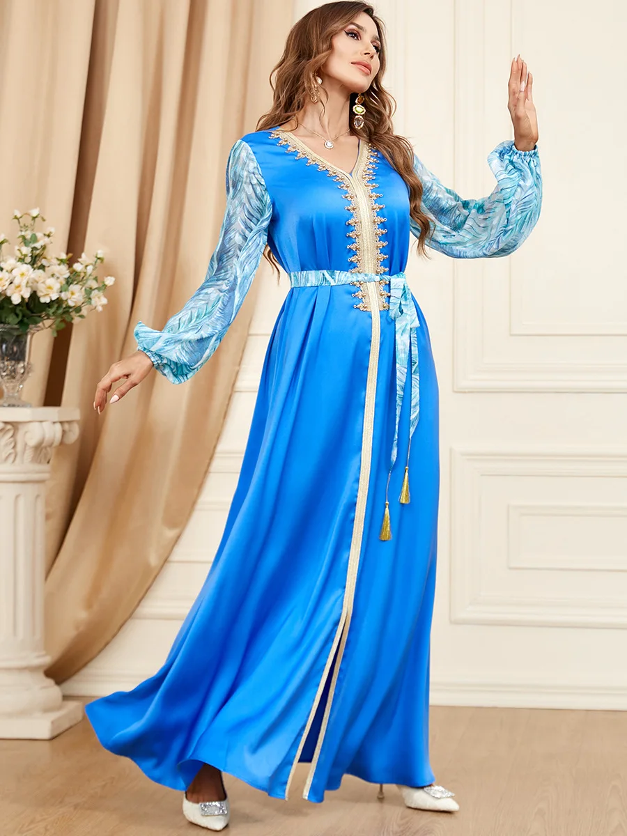 

RDMQ 2023 Abaya Muslin Women Dress V-neck Kaftan Mubarak Kaftan Dubai Abaya Turkey Muslim Moroccan Caftan Fashion Evening Dress