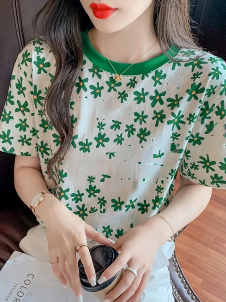 Женский летний топ с цветочным принтом футболка коротким рукавом Женская милая