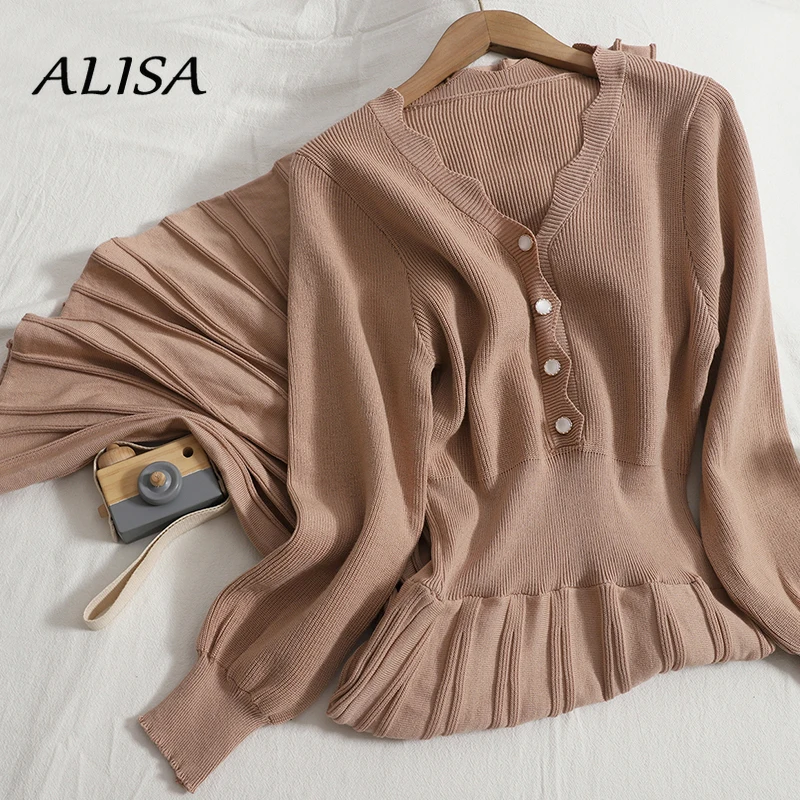 

New Women Elegant Knitting Dress Spring Autumn V Neck Long Sleeve Vintage Black Dresses Ladies Fashion Sweater Dress Vestidos