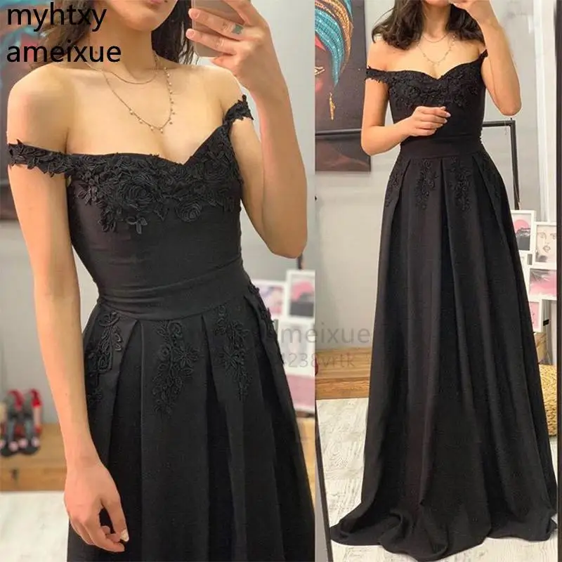 

Sexy Pluys Size Shoulder Black Champagne Prom Dress Appliques A-line Women Formal Party Floor Length Robe De Soiree