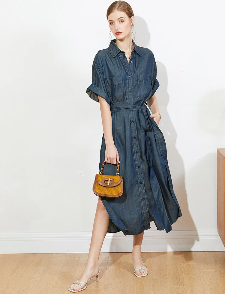 

Tencel Dresses Women Elegant High Quality Single-breasted Turn-down Neck Short Sleeve Belt New Fashion
