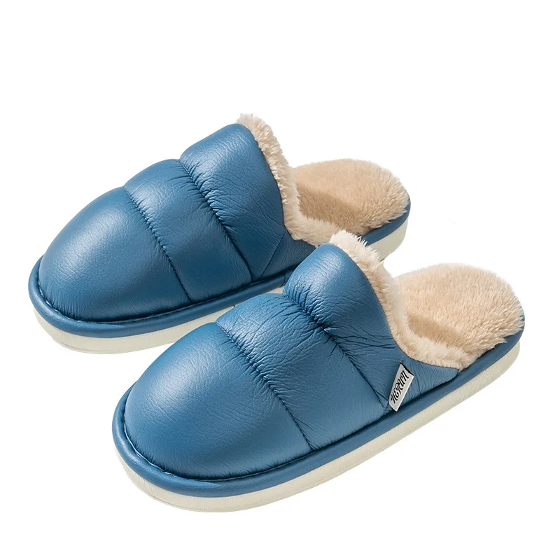 Home Cotton Shoes Women Winter Warm Slippers Unisex Pu Leather Waterproof Anti-Slip Soft Wraps Shoes Soft Memory Foam Sole Slids