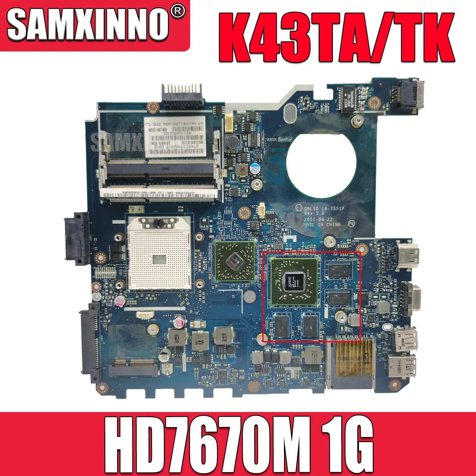 Материнская плата для ноутбука ASUS K43T K43TA K43TK X43T QBL50 LA-7551P материнская плата HD7670M 1G 100% работает. Оригинальный новый!