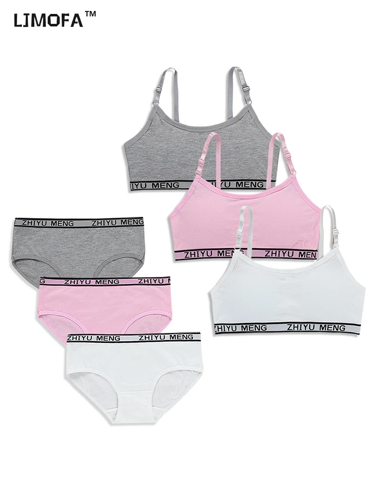 

LJMOFA 8-16Years Puberty Girls Bra And Panty Sets Soft Padded Cotton Training Sports Yoga Fitness Underwear Solid Color B203