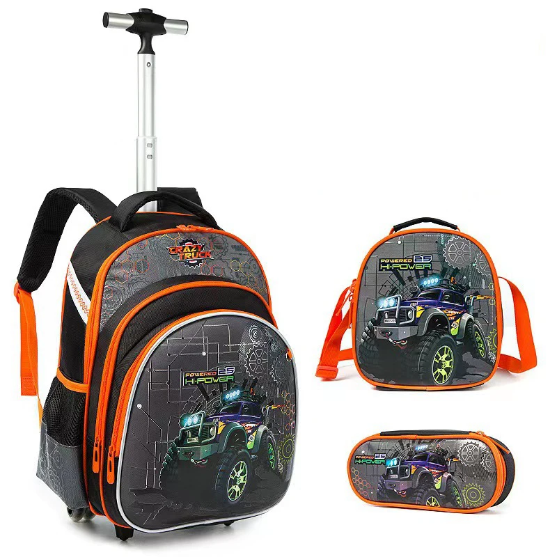 Children 3pcs Boys Schoolbag Set With Wheels Trolley Bag With Lunch Bag Rolling School Backpack Set Wheeled Backpack For Girls