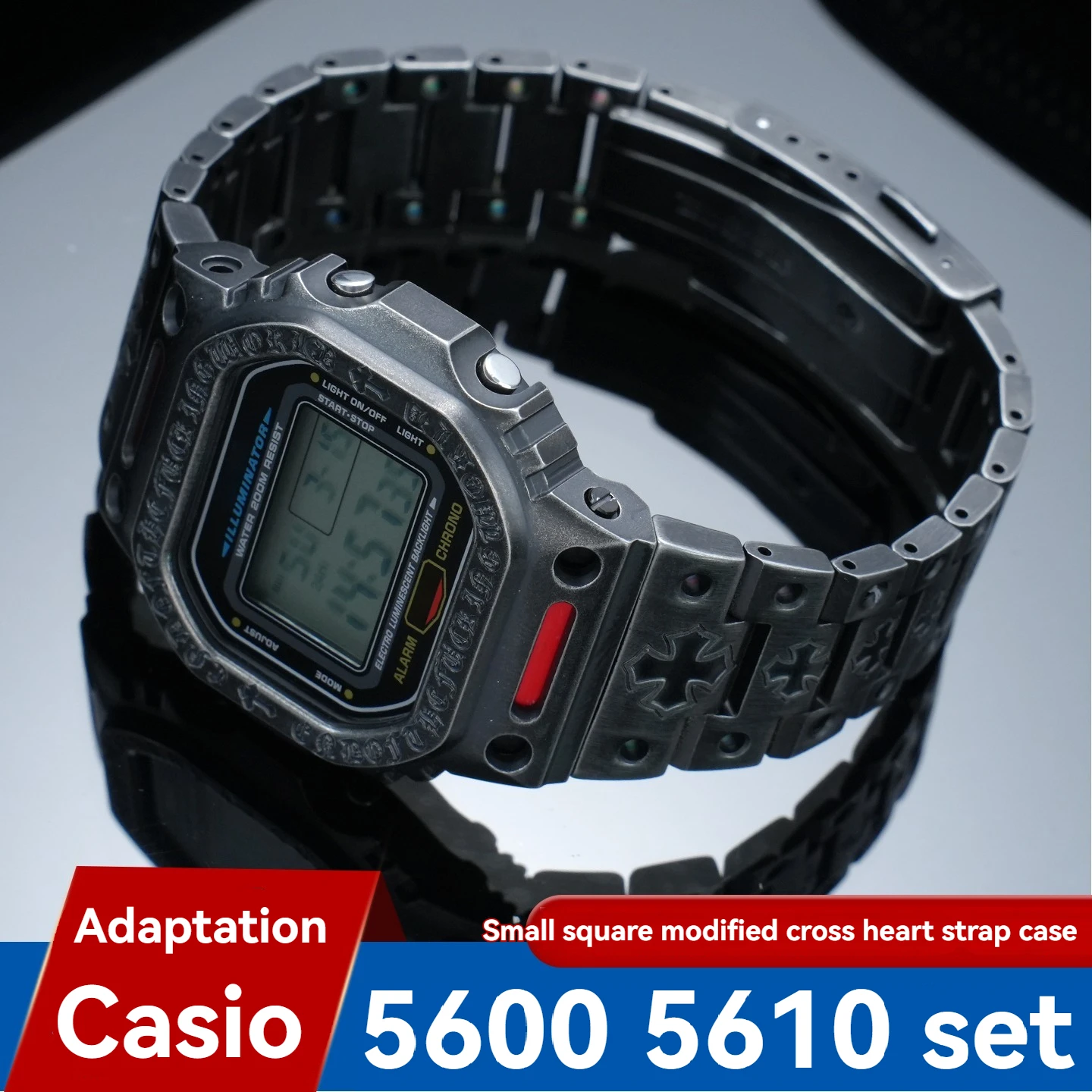 Фото Винтажный гравированный мод-комплект для Casio DW5600 GW-M5610 GWB5600: корпус и ремешок из нержавеющей стали, запасные части для модернизации №3