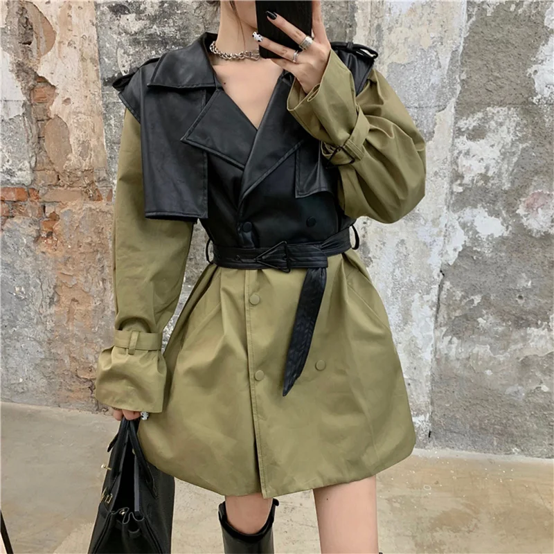 

LY VAREY LIN New Spring Autumn Women High Street Pu Leather Patchwork Double Breasted Long Trench Lady Fashion Lace-up Coat