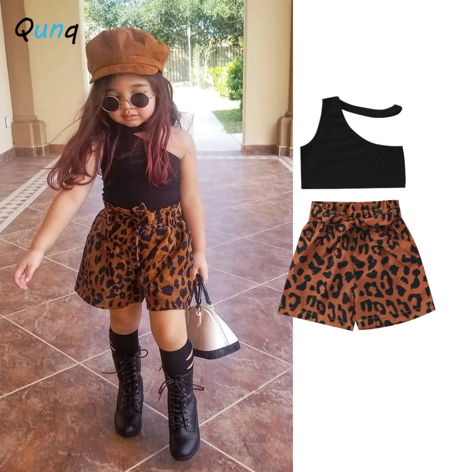 

Qunq 2023 Summer INS New Girls Solid Sloping Shoulder Hanging Neck Top+Leopard Shorts 2 Pieces Set Casual Kids Clothes Age 3T-8T