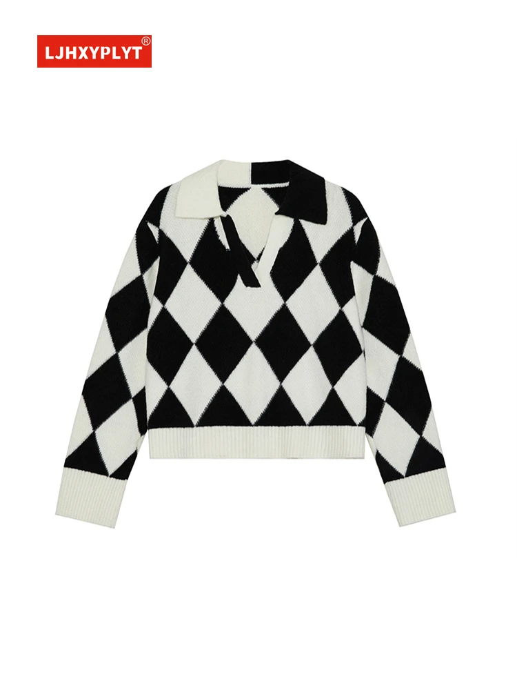 Lingge Polo Collar Short Knitted Sweater Women's Spring Autumn Design Contrast Color V-neck Long Sleeve Knit Pullover Top Female