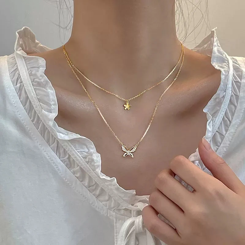 Женское Двухслойное колье из серебра 925 пробы с блестящими бриллиантами