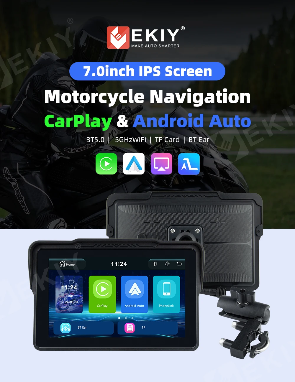EKIY 7-дюймовый портативный мотоцикл CarPlay навигация беспроводной Android авто двойной