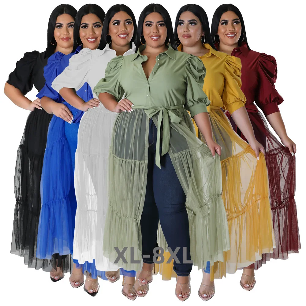 Plus Size Summer Fashion Women Mesh Shirt Dress Big Size Clothing Short Sleeves Belt Turn Down Neck Bu 3xl 4xl 5xl 6xl