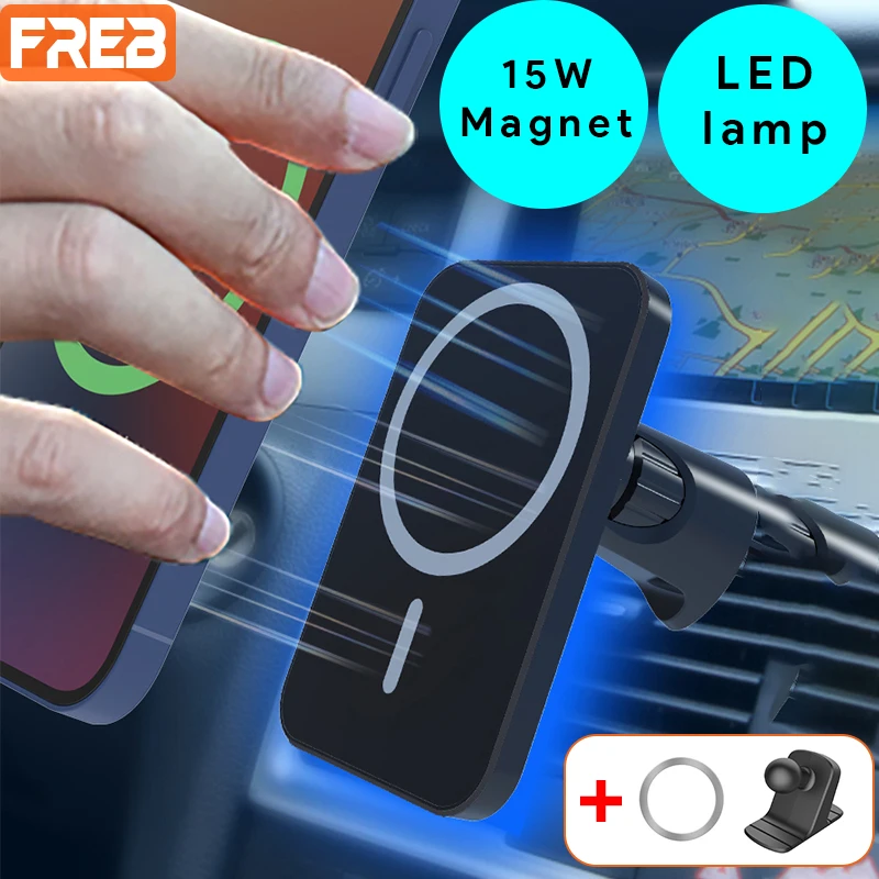 

LED Light Magnetic Car Phone Holder Wireless Charger Dashboard 15w Fast Adapt For Iphone 12 13 Accessories Air Vent Magnet Mount