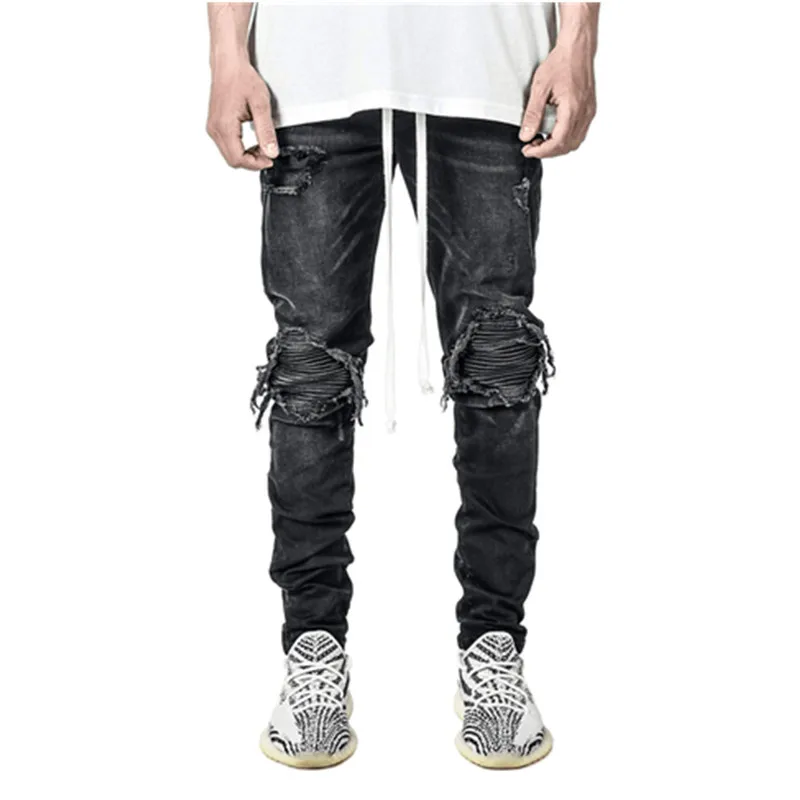 2022 New Mens Jeans Elastic Leggings Locomotive Hole Jeans Men Streetwear Men Ripped Jeans Full Length Denim Pants