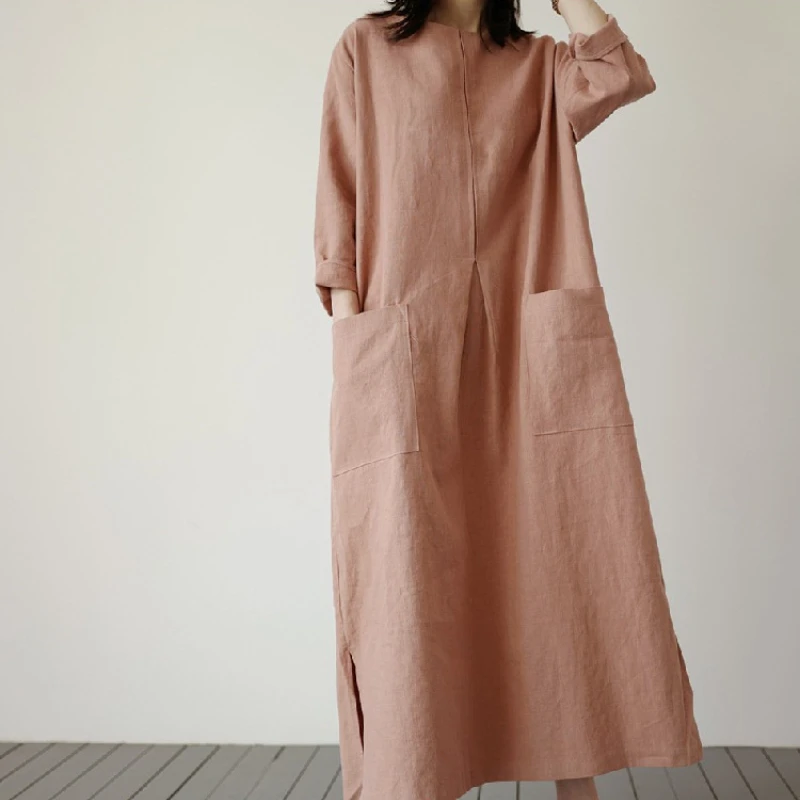 

Solid Cotton Hemp Dress Medium Length Korean Version Loose Fashion Big Pocket Linen Casual Long Women's Pullover Dress