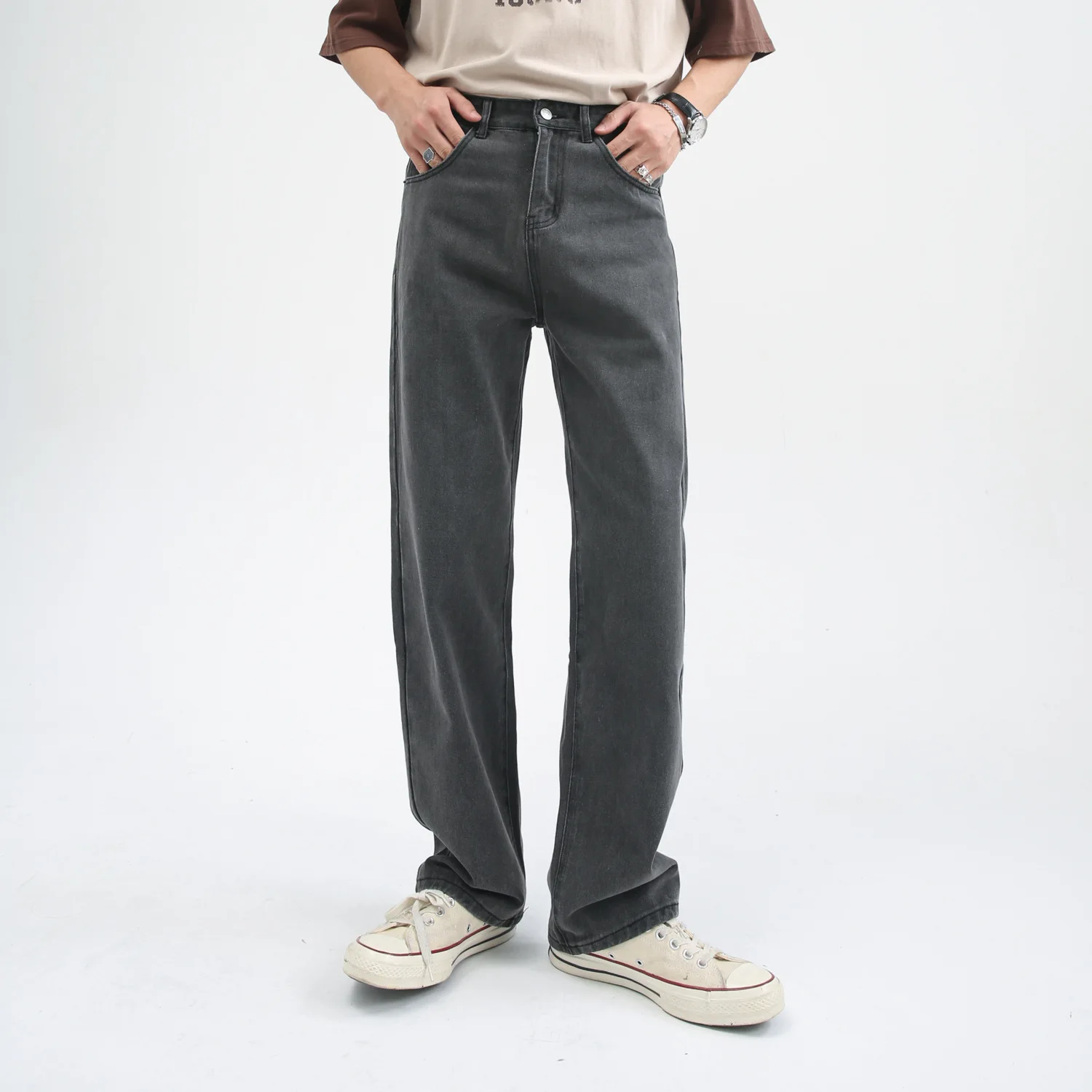 Four Seasons Men's Jeans Four Colors Loose Korean Wave Versatile Washed Ins Straight Wide Leg Pants Trend High Street Y2k Jeans