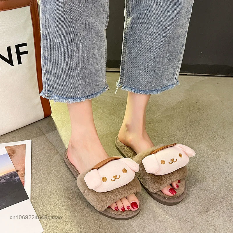 Sanrio Kuromi My Melody Pom Pom Purin Cinnamoroll Cute Slippers Korean Version Fur Slippers Home Comfortable Cotton Shoes Women