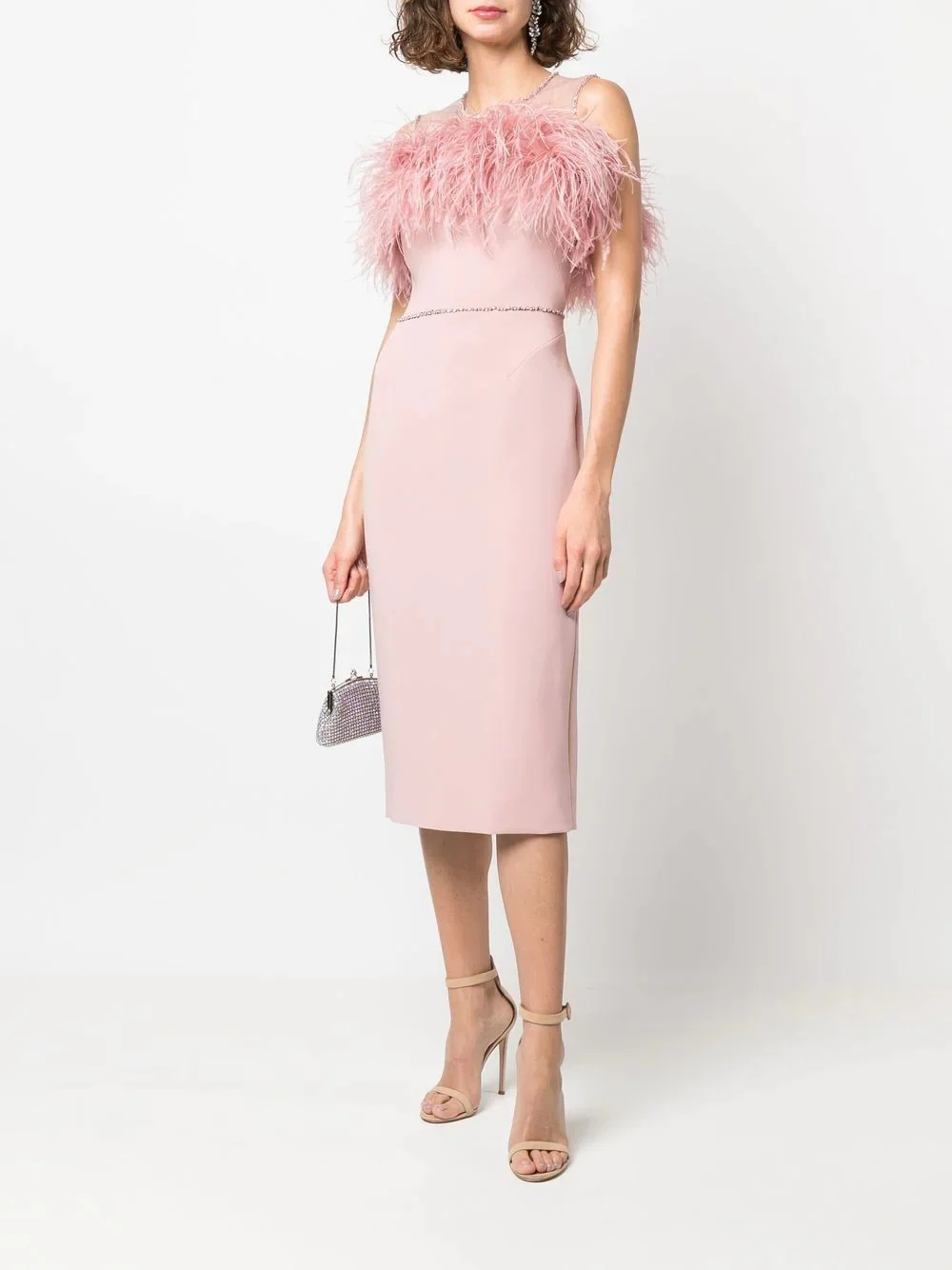 

Sexy Sheath Jewel Neck Beadings Sash Pink Feathers Prom Dresses Back Split Tea Length Formal Party Dress