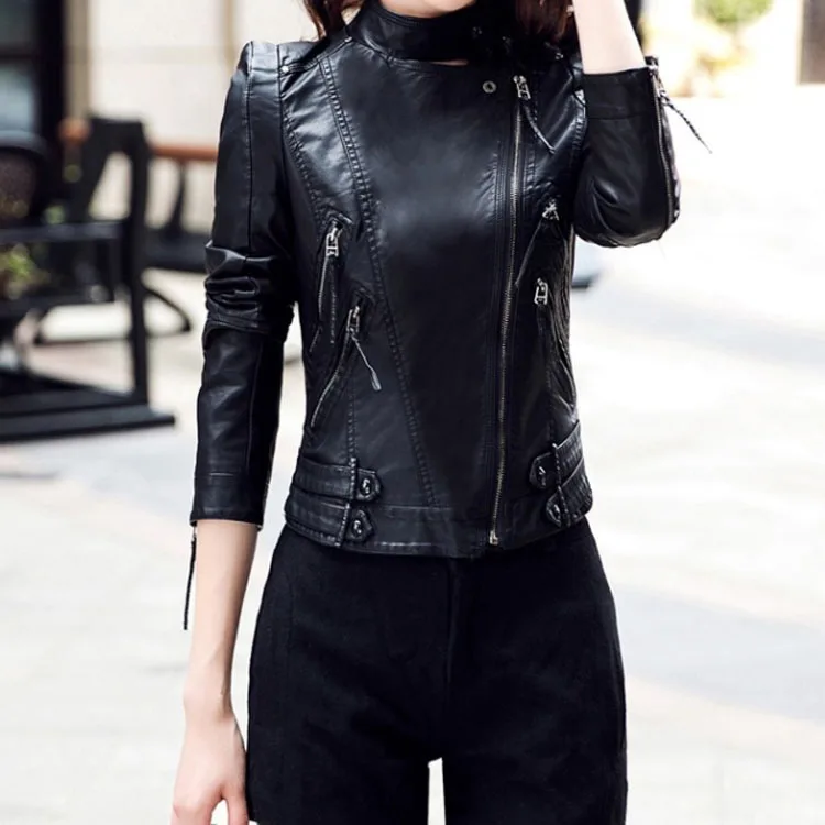 Zipper Short Leather Jacket Women's Washed Leather Jacket Long Sleeve Jacket 2022 Autumn Slim Coat Skinny Sexy Girl Short Top
