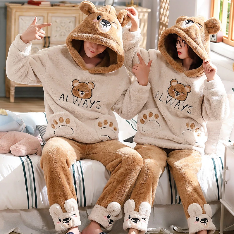 

Winter Couples Pajamas Set Women Men Thicken Cartoon Bear Pijamas Sets Sleepwear Soft Warm Pyjama Femme Korean Lovers Pajamas