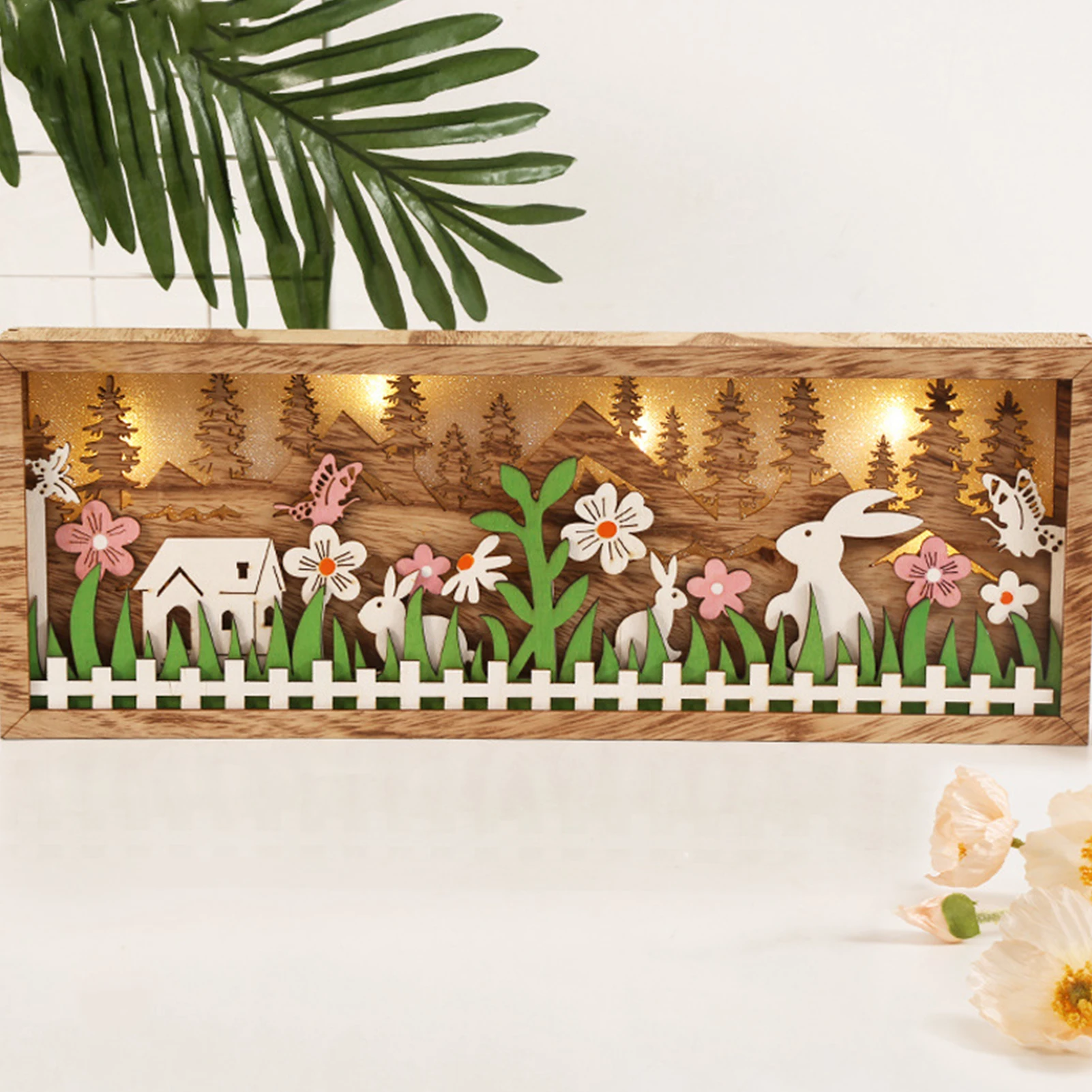 

Easter Glowing Crafts Wooden Lights Ornaments Decor for Home Painted Rabbit Flower Photo Frame Easter Wooden Handicraft Pendant