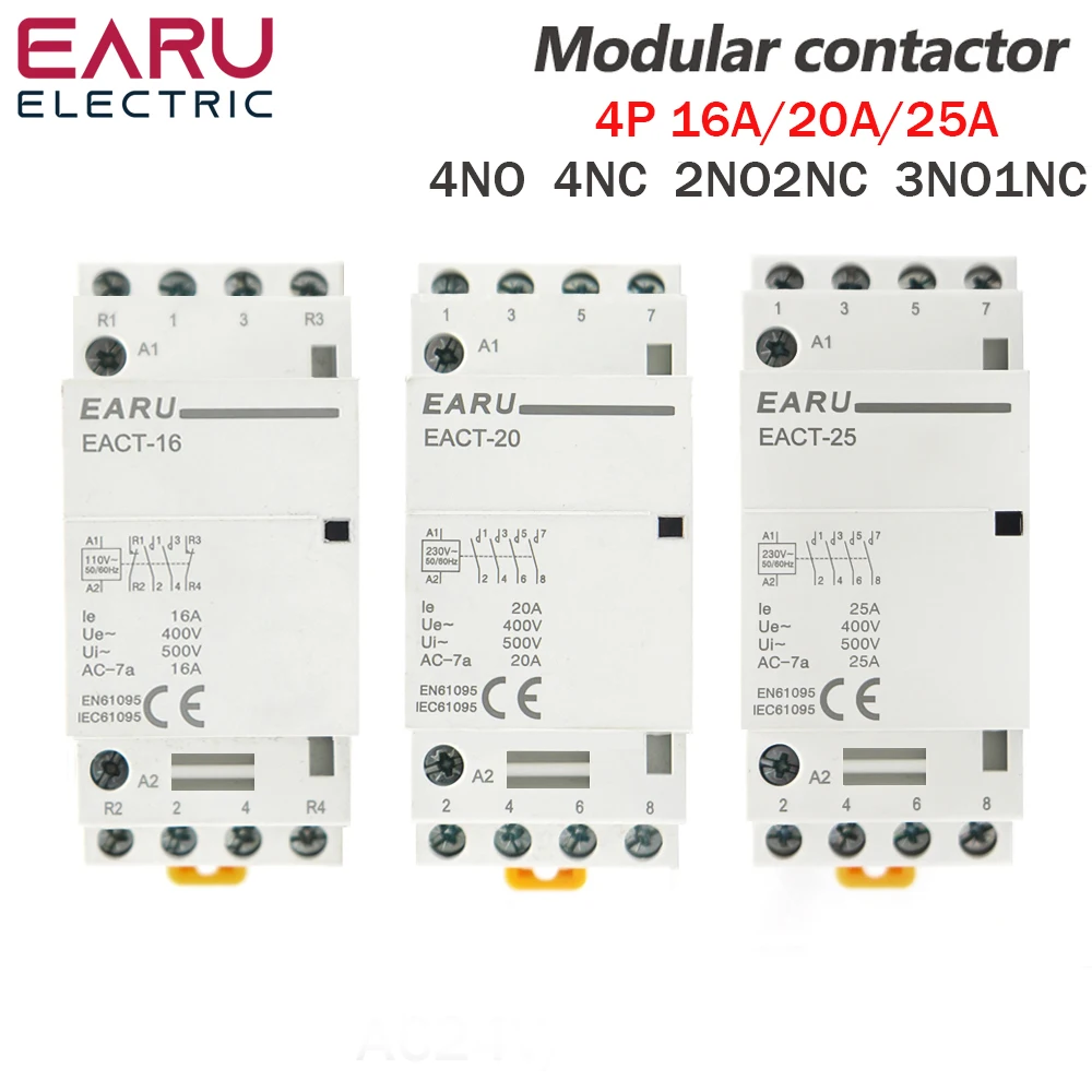 

4P 16-25A AC 220V 230V 50/60Hz Electric Din Rail Mounted Household Modular Contactor 4NO 4NC 2NO 2NC Smart Home House Hotel