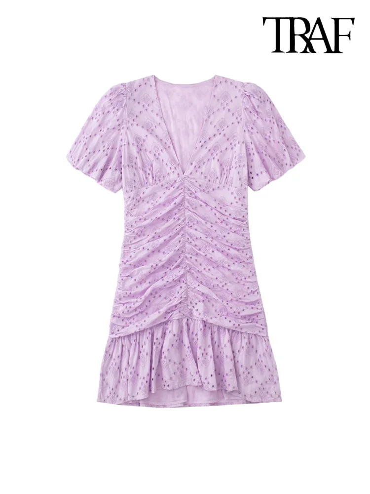 

TRAF Women Fashion With Cutwork Embroidery Pleated Mini Dress Vintage V Neck Puff Sleeves Female Dresses Vestidos Mujer