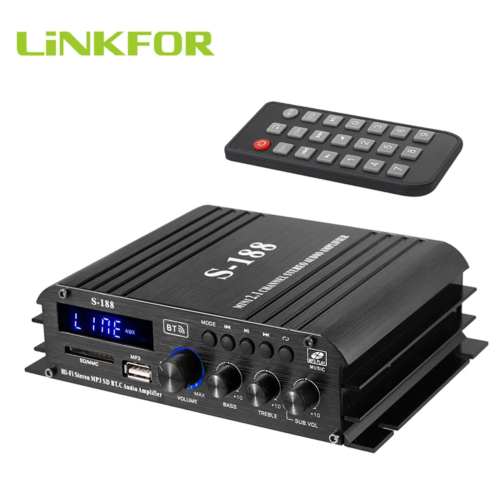 

LiNKFOR Bluetooth-Compatible 5.0 Audio Power Amplifier S-188 90W 2.1 Channel Bass Treble Control Music Player Sound Speaker Amp