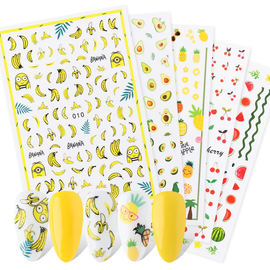 3D наклейки для маникюра 1 шт. банан авокадо фрукты мультипликационный персонаж