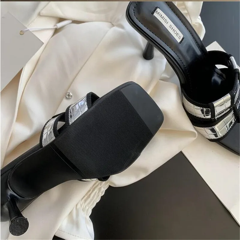 Weave Design Women Slippers Open Toe Summer Dress Shoes Thin High Heels Slides Slippers Party Pumps Wedding Black White 35-39