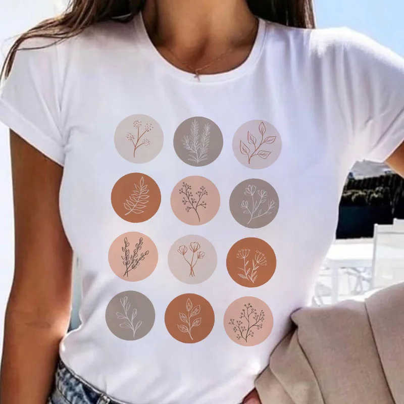 

Летняя модная футболка с графическим изображением растений, женские топы, базовые футболки с круглым вырезом, белые и черные футболки, заба...