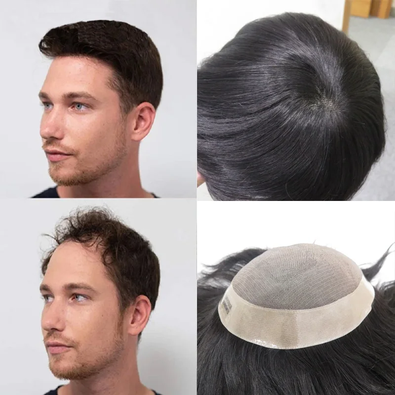 7x9 Mono+PU Base Natural Cutestyle Hair Piece Men Toupee for Men Men's Hair Replacement System 1B Color Human Hair Mens Wig
