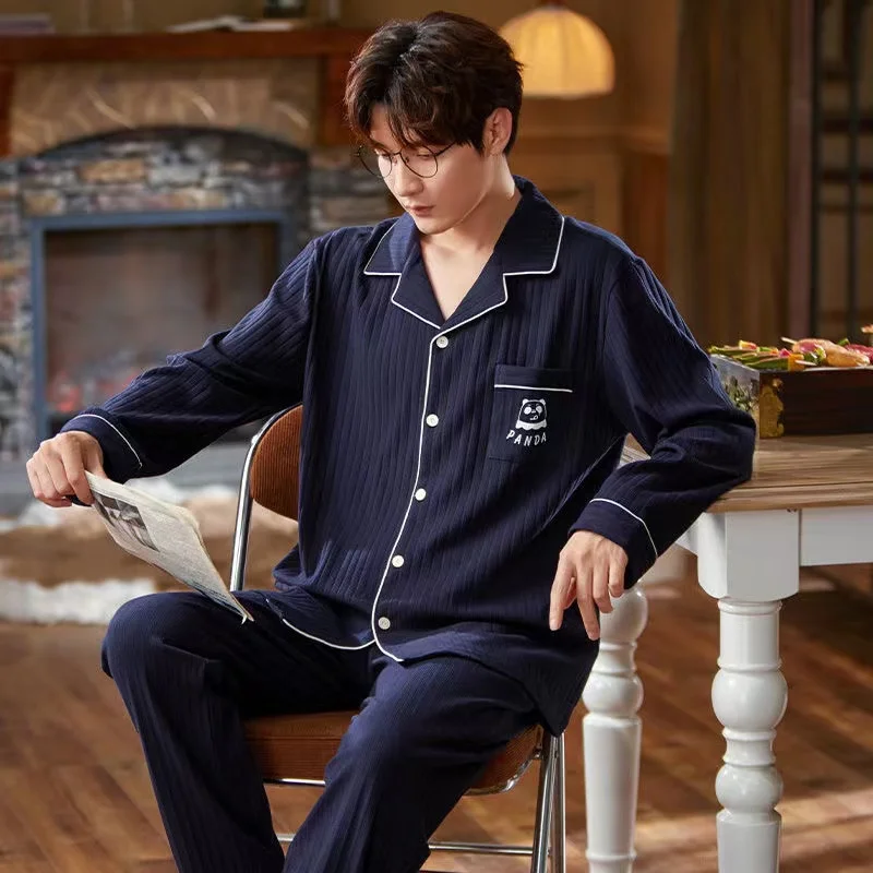 Men's Pajama Sets Spring Autumn Turn-Down Collar Loose Leisure Sleepwear 2 Pieces /Sets Home Clothes Long Sleeve Top +Pants Pyja