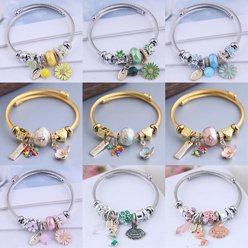 Bracelets Jewelry Making Beads Pendants Charms Pandola Bracelet Accessories Daisy Enamel Glass Beads Lipstick Mermaid Shell Wing
